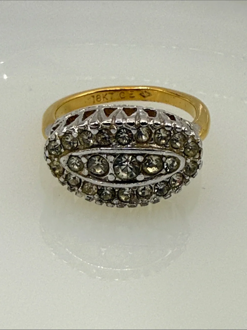 Stunning vintage 18K GE Golden Oval art deco pave rhinestone ring size 5